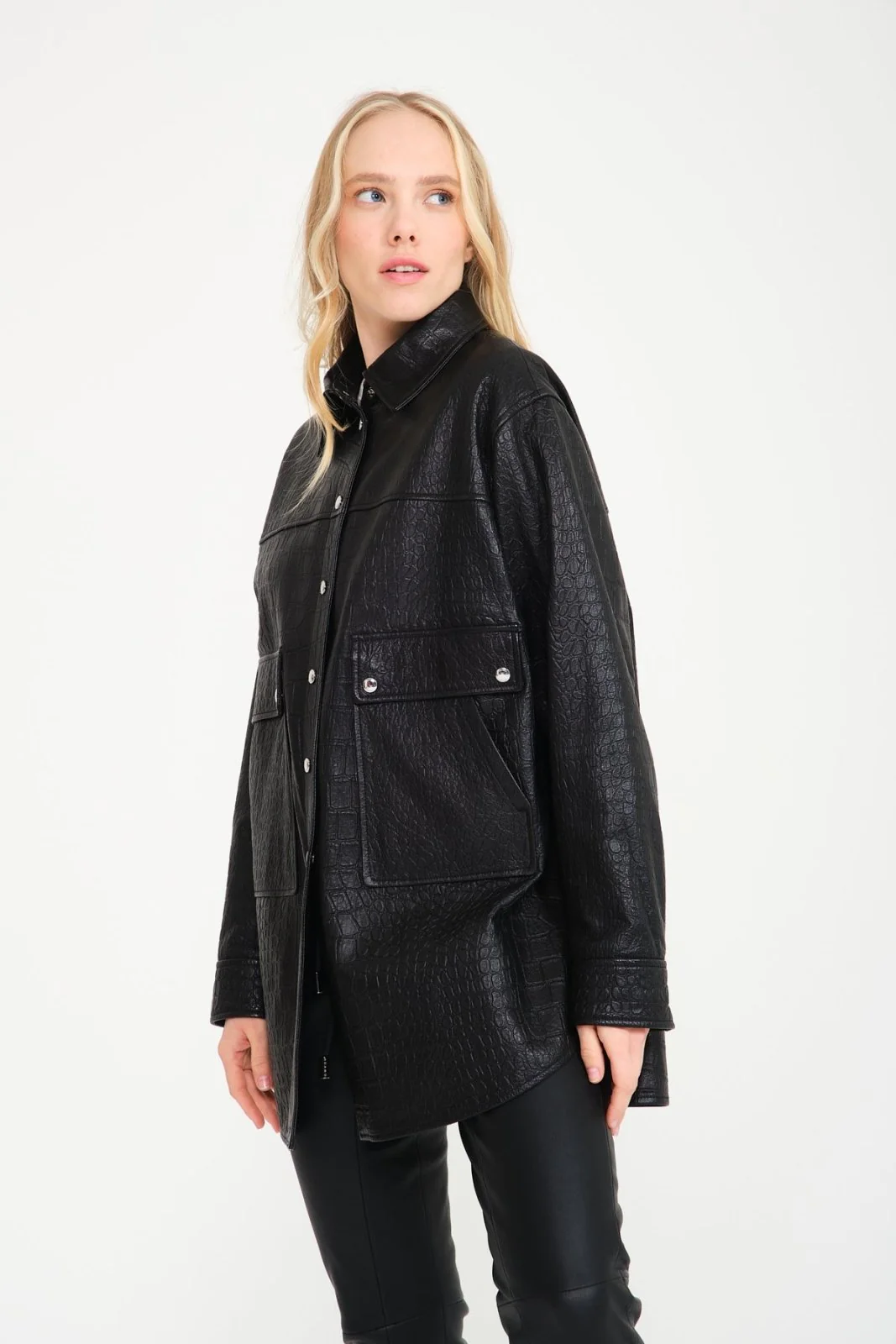 Black Crocodile Pattern Leather Shirt - Image 3