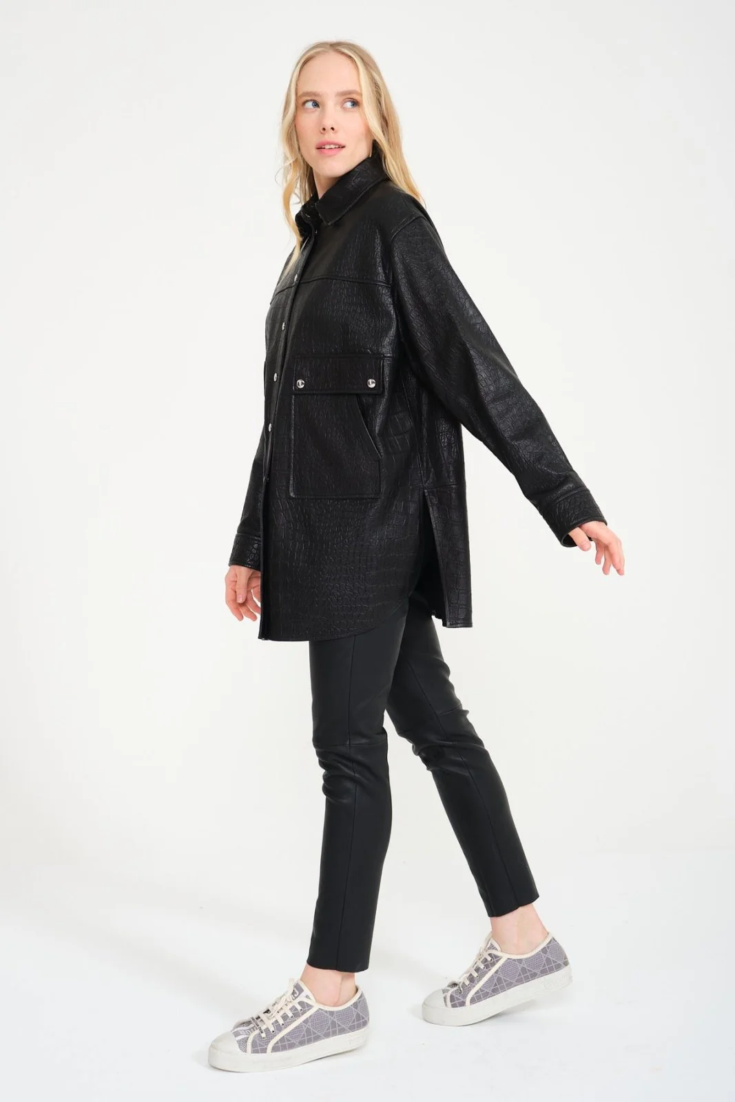Black Crocodile Pattern Leather Shirt - Image 4