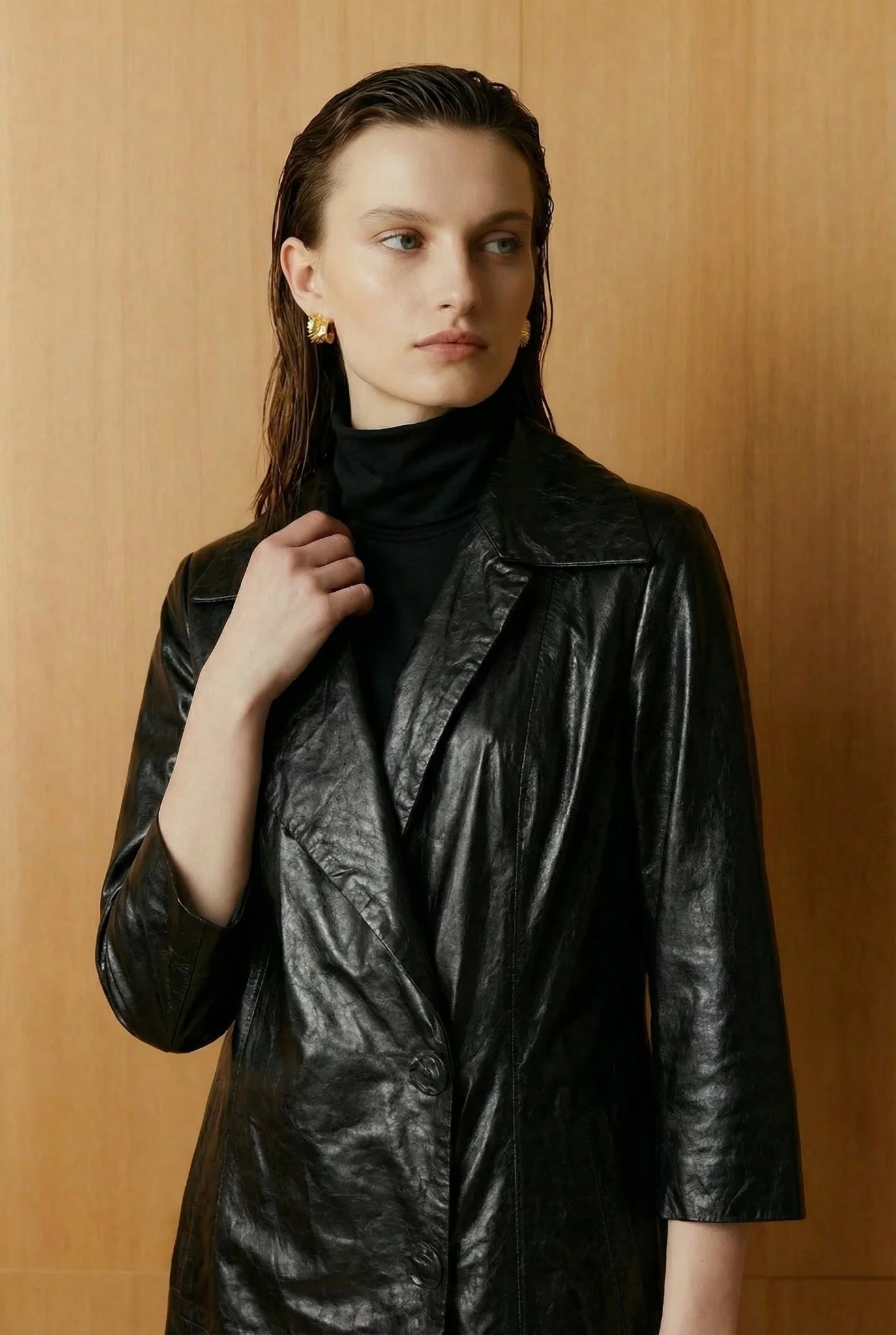 Black Long Leather Coat - Image 3