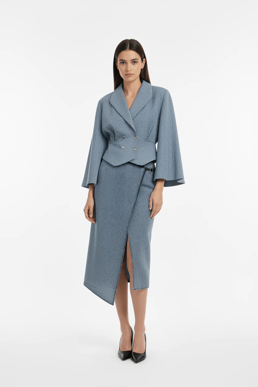 Blue Sculpted Wrap Skirt - Image 3