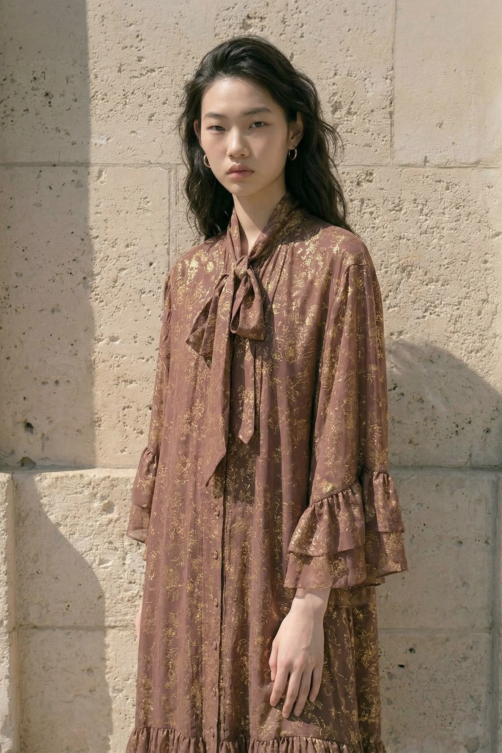Brown Gold Jacquard Bow Midi Dress - Image 3