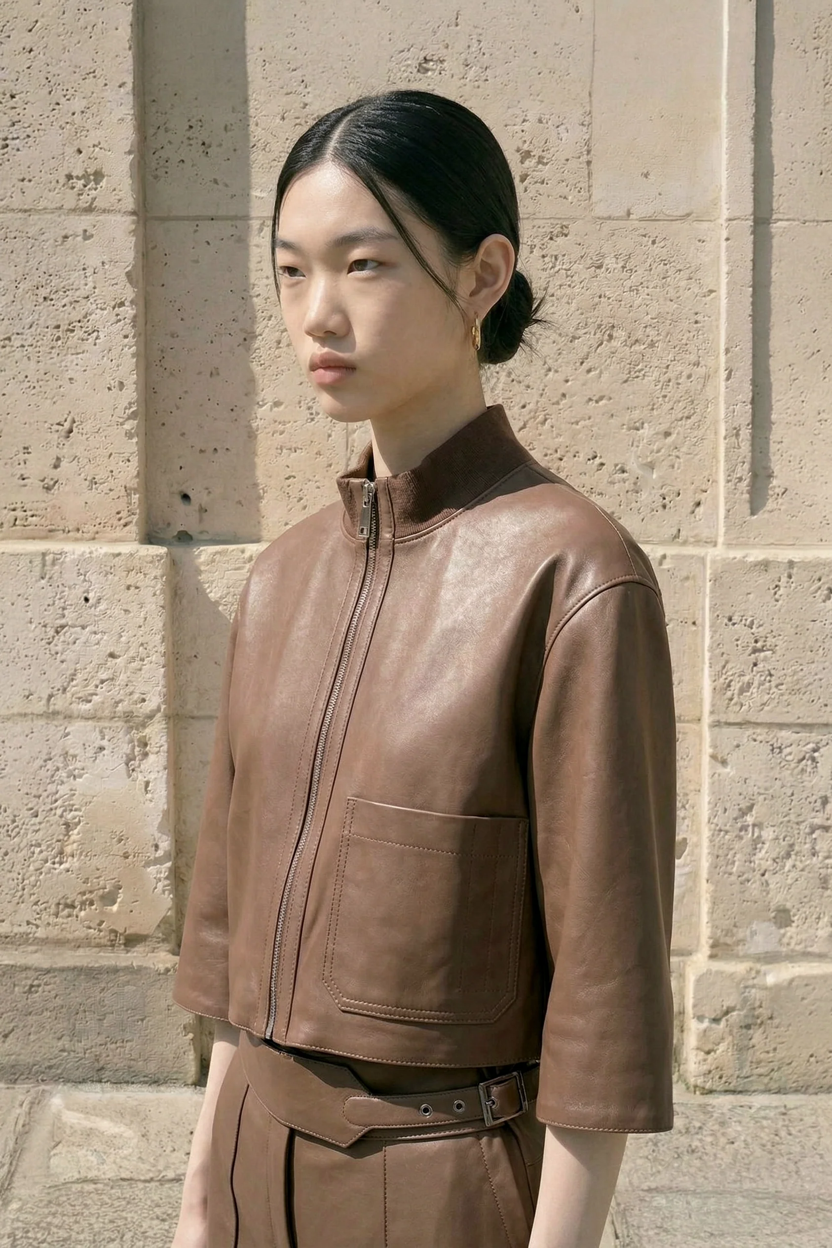 Camel Nappa Lamb Leather Cropped Jacket - Image 2
