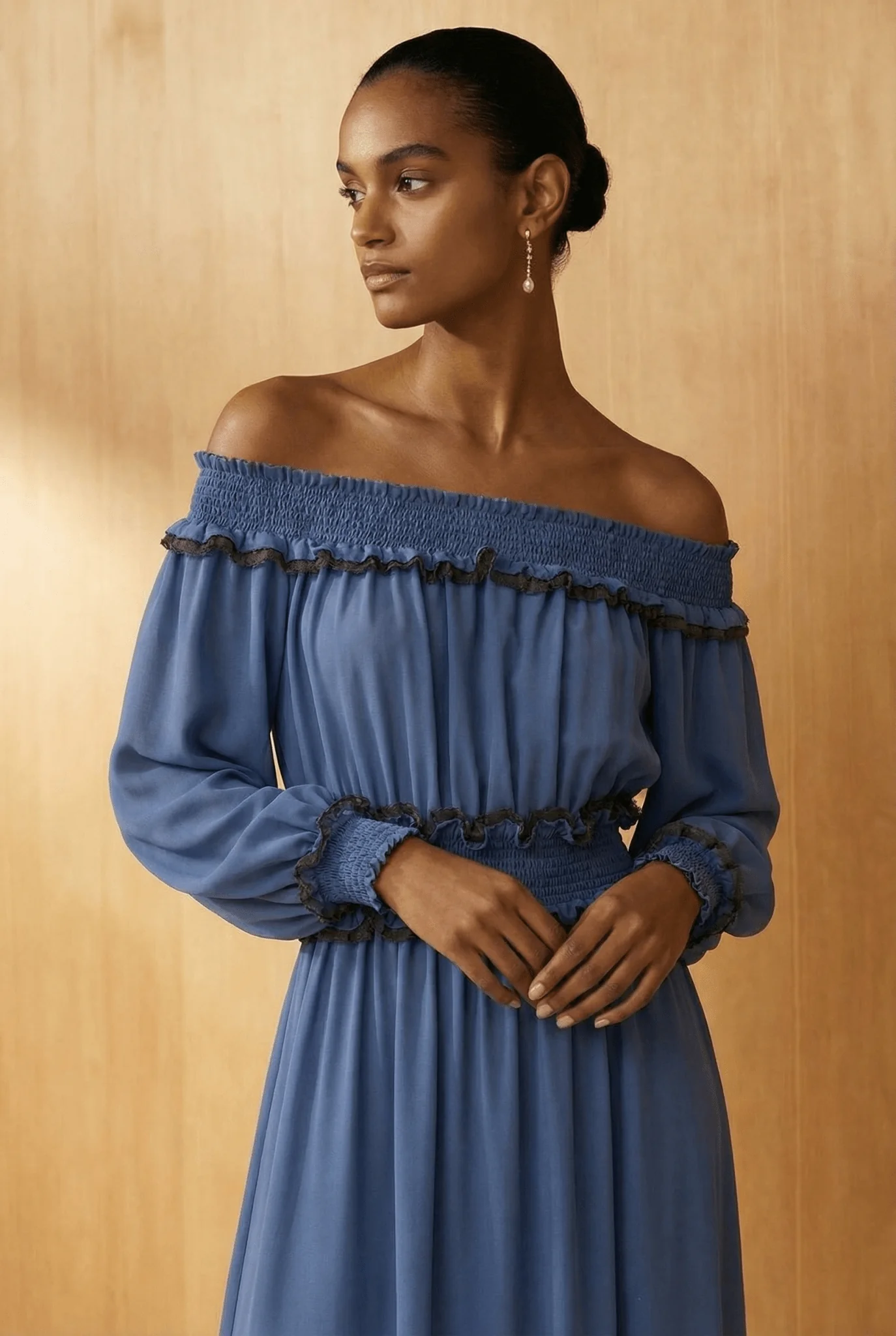 Celeste Blue Off-Shoulder Smocked Maxi Dress - Image 4