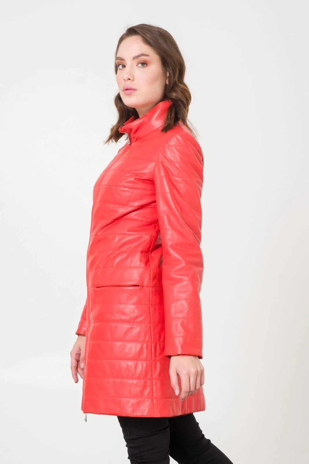 Coral Color Leather Coat - Image 2