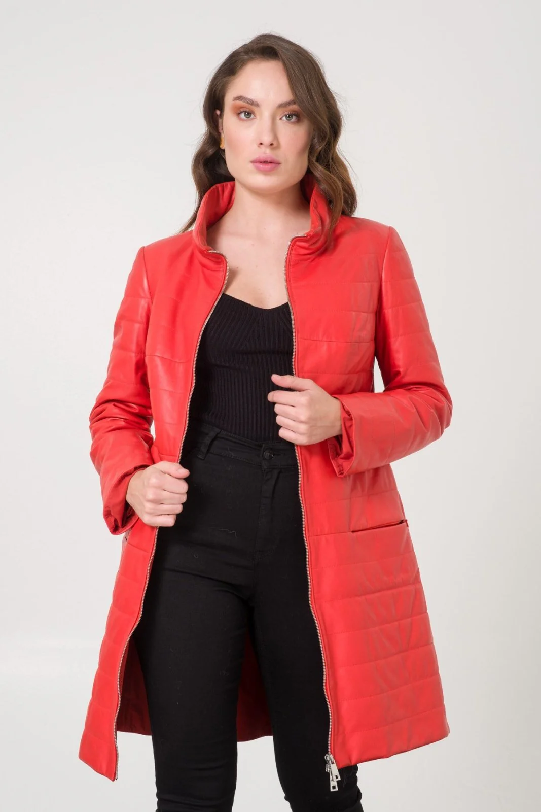 Coral Color Leather Coat - Image 4