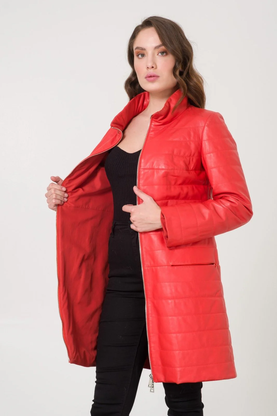 Coral Color Leather Coat - Image 5