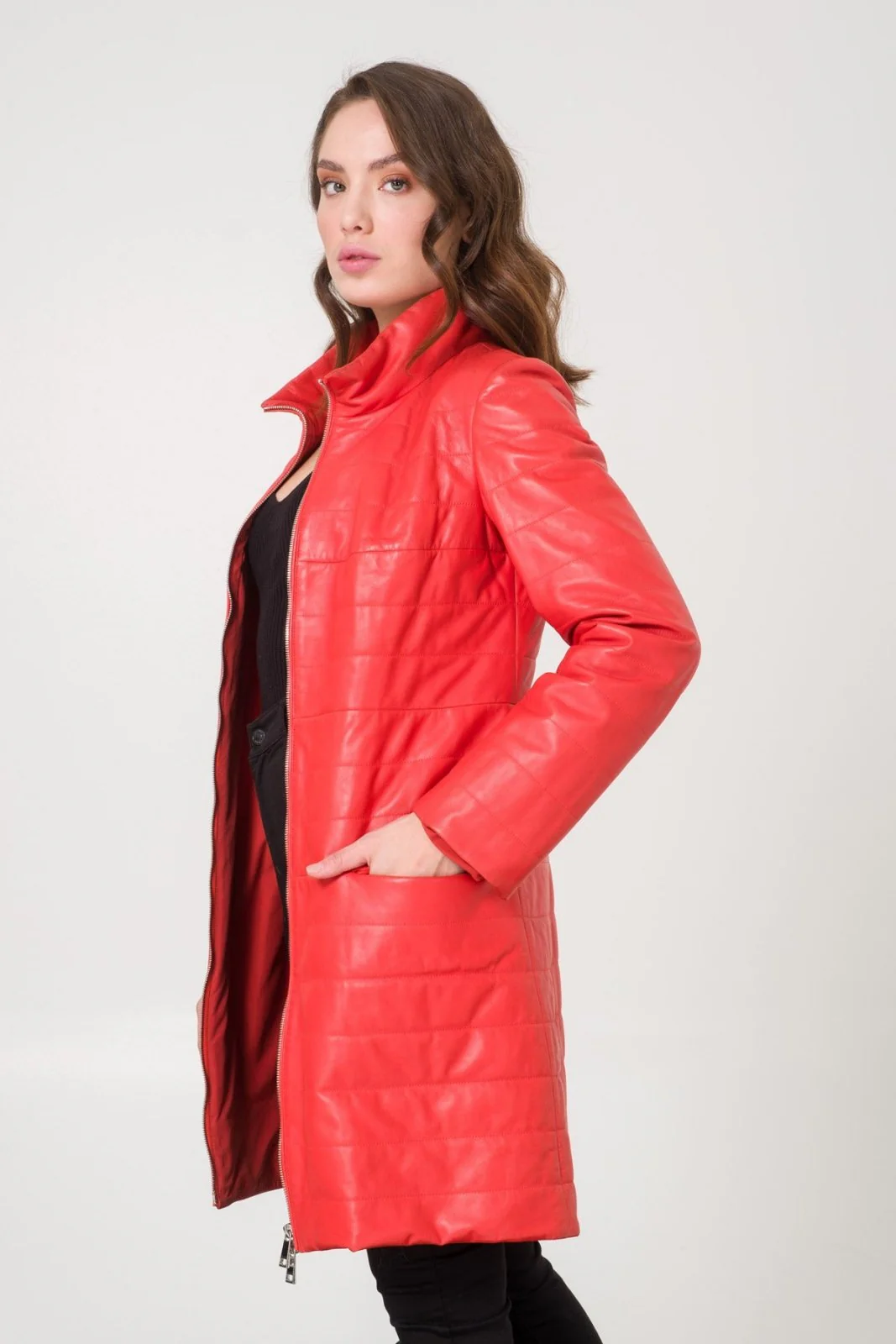 Coral Color Leather Coat - Image 6