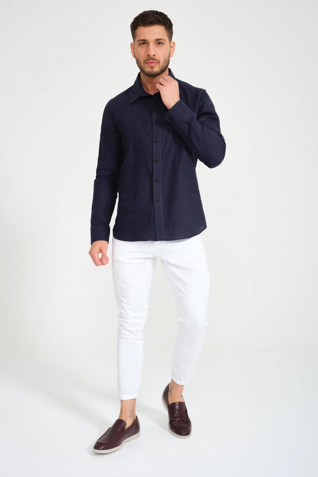 Dark Blue Linen Shirt - Image 3