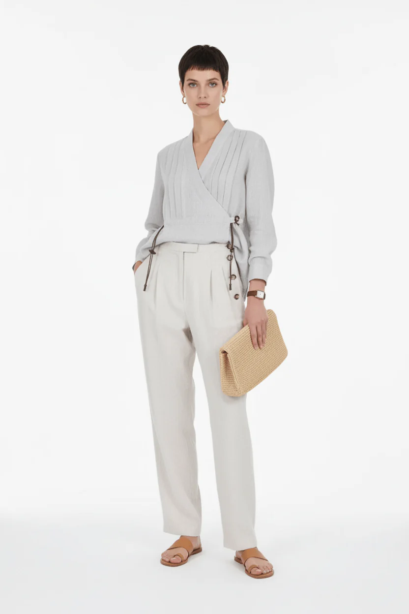 Ecru Button Linen Trousers - Image 2