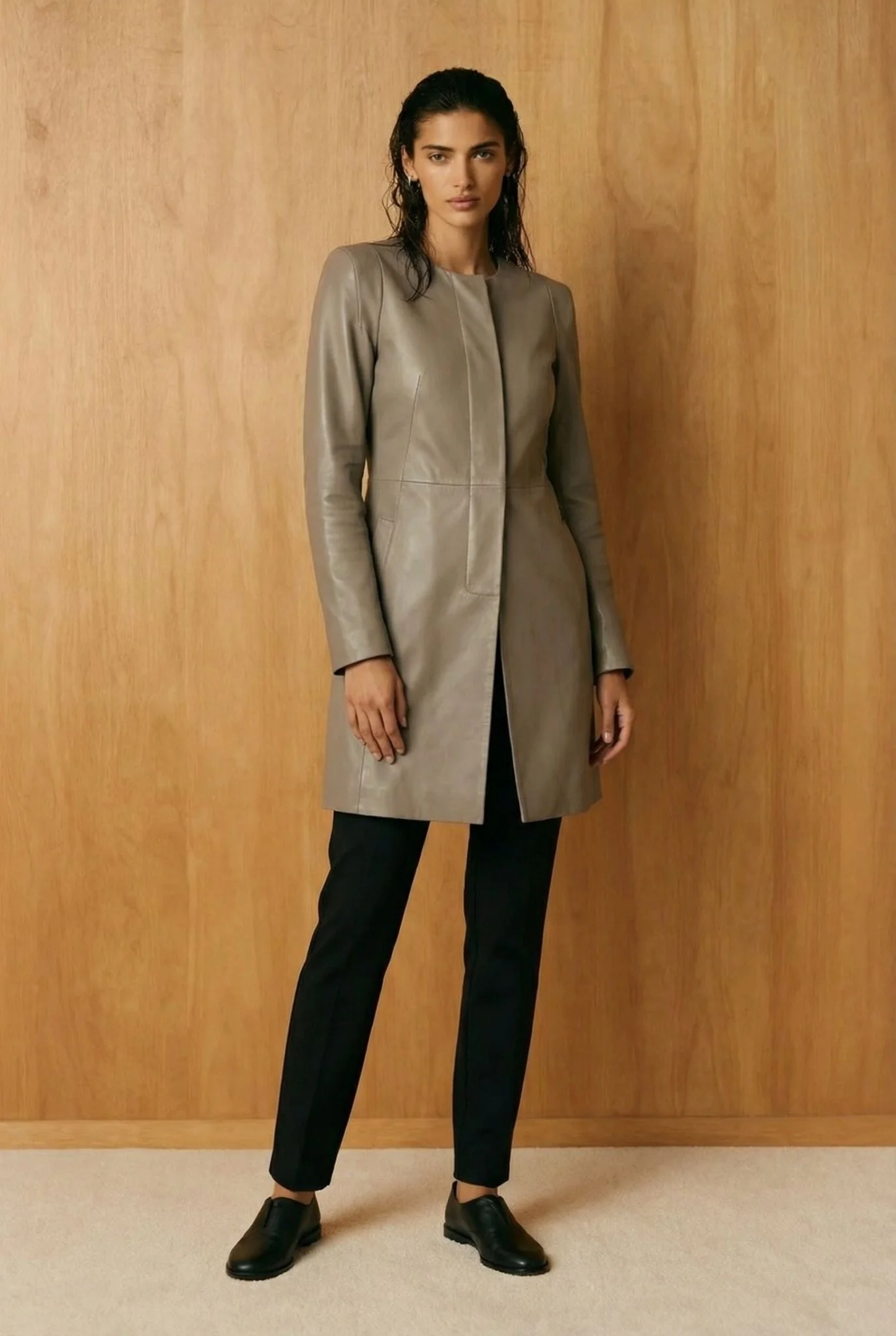 Grey Leather Trench Coat