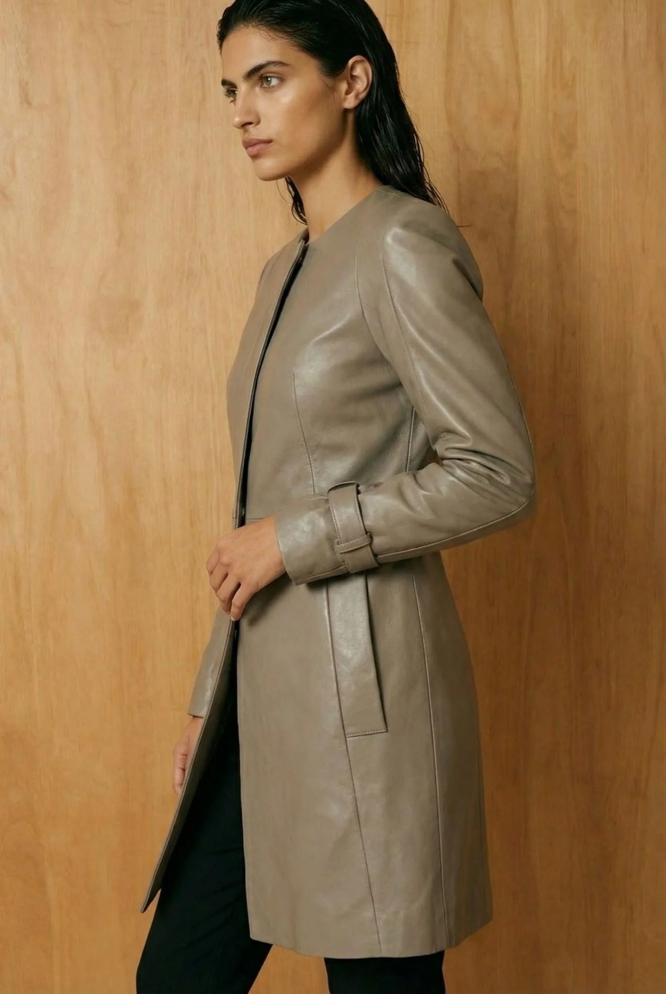 Grey Leather Trench Coat - Image 2