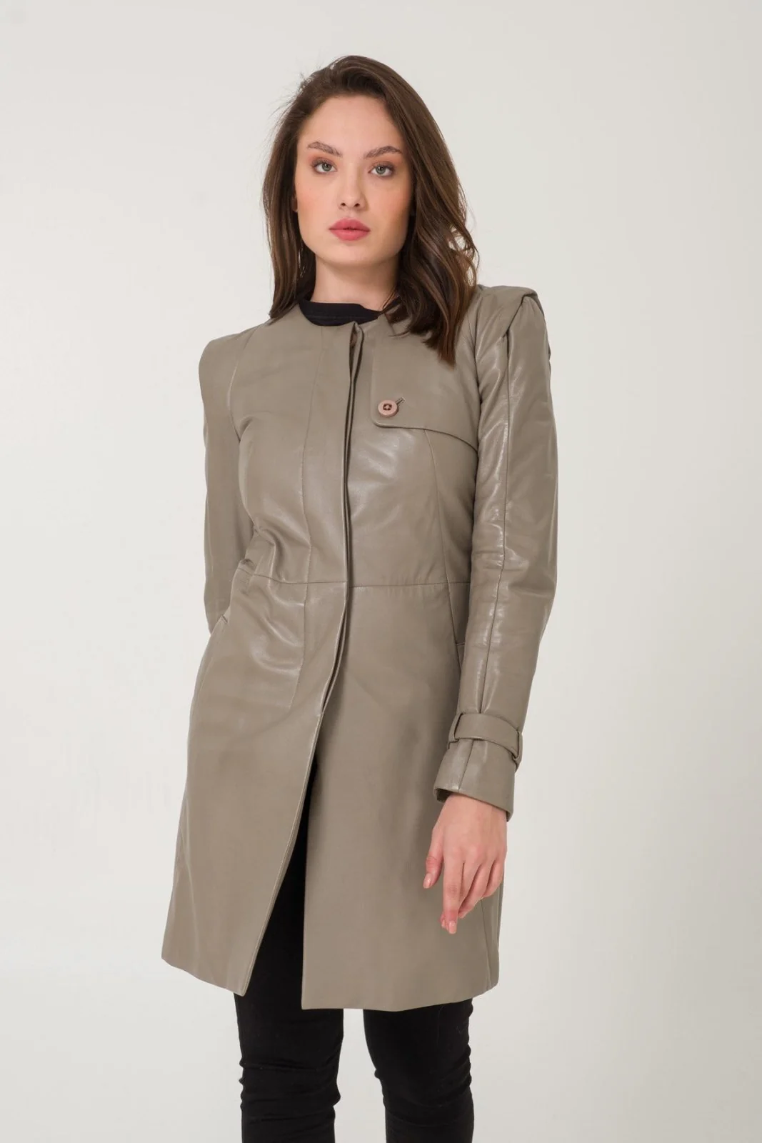 Grey Leather Trench Coat - Image 3