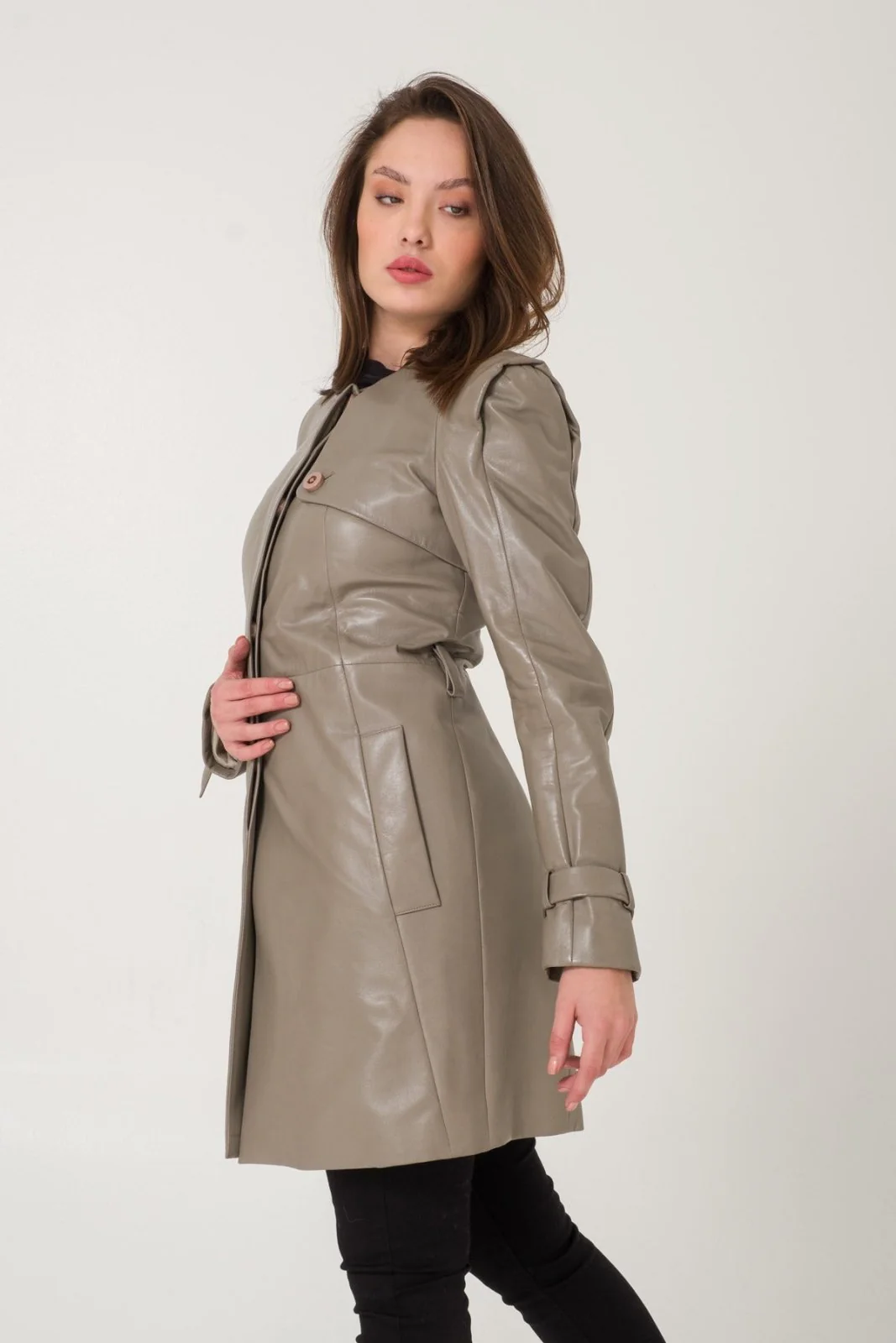 Grey Leather Trench Coat - Image 4