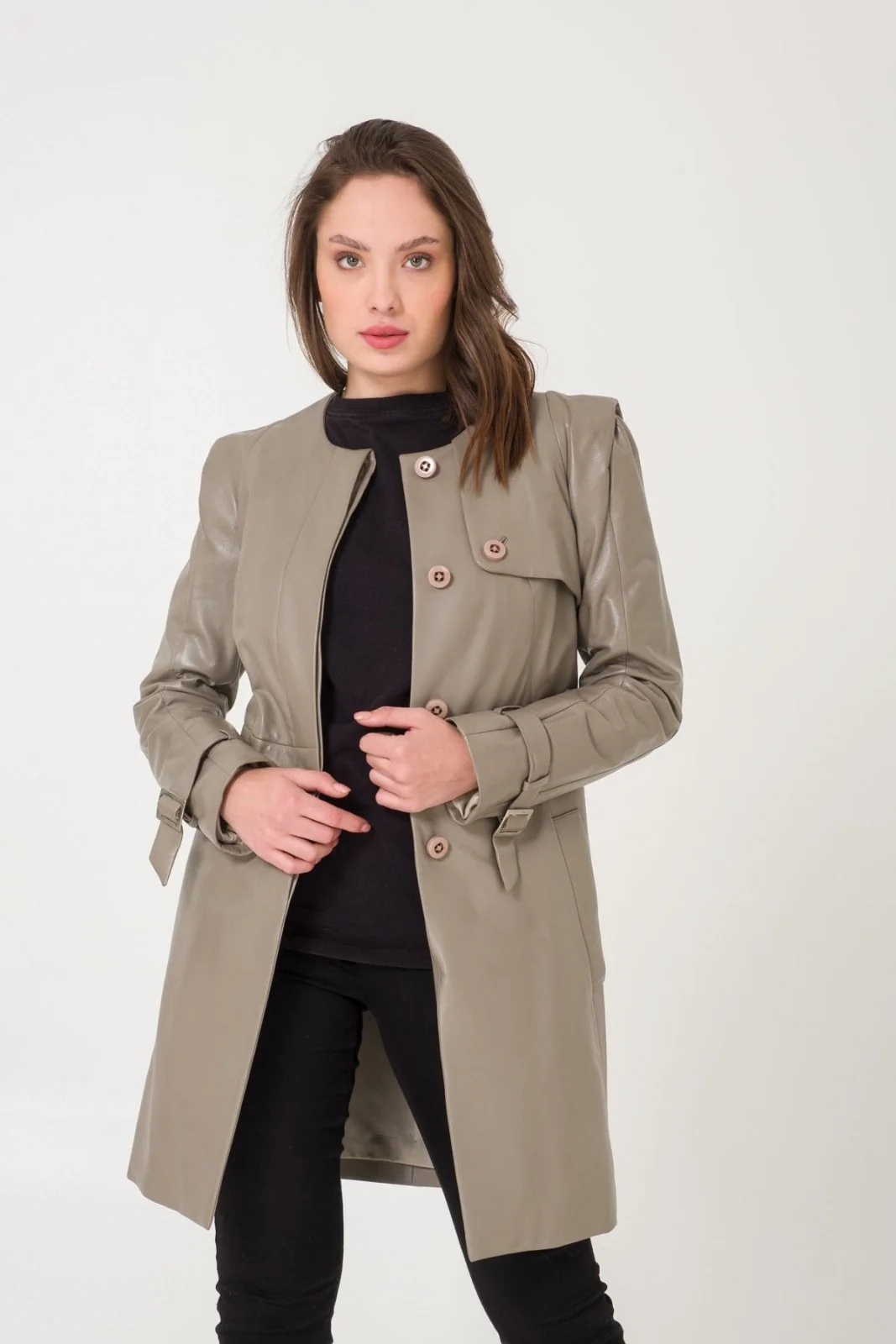 Grey Leather Trench Coat - Image 6