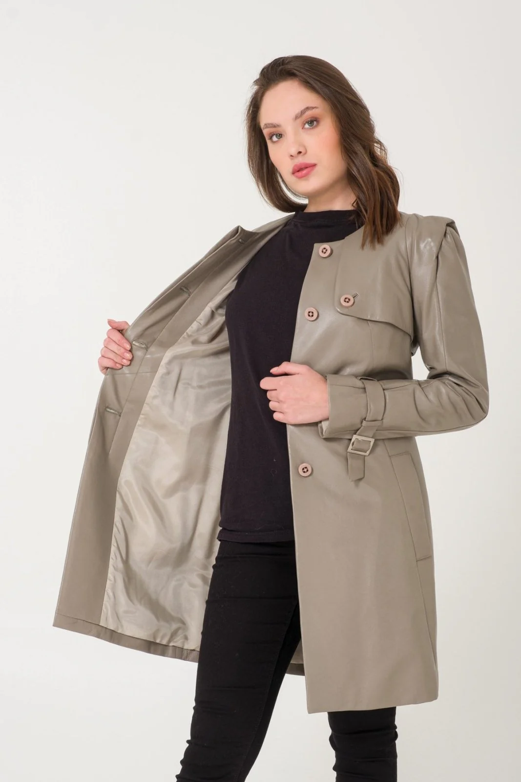 Grey Leather Trench Coat - Image 7
