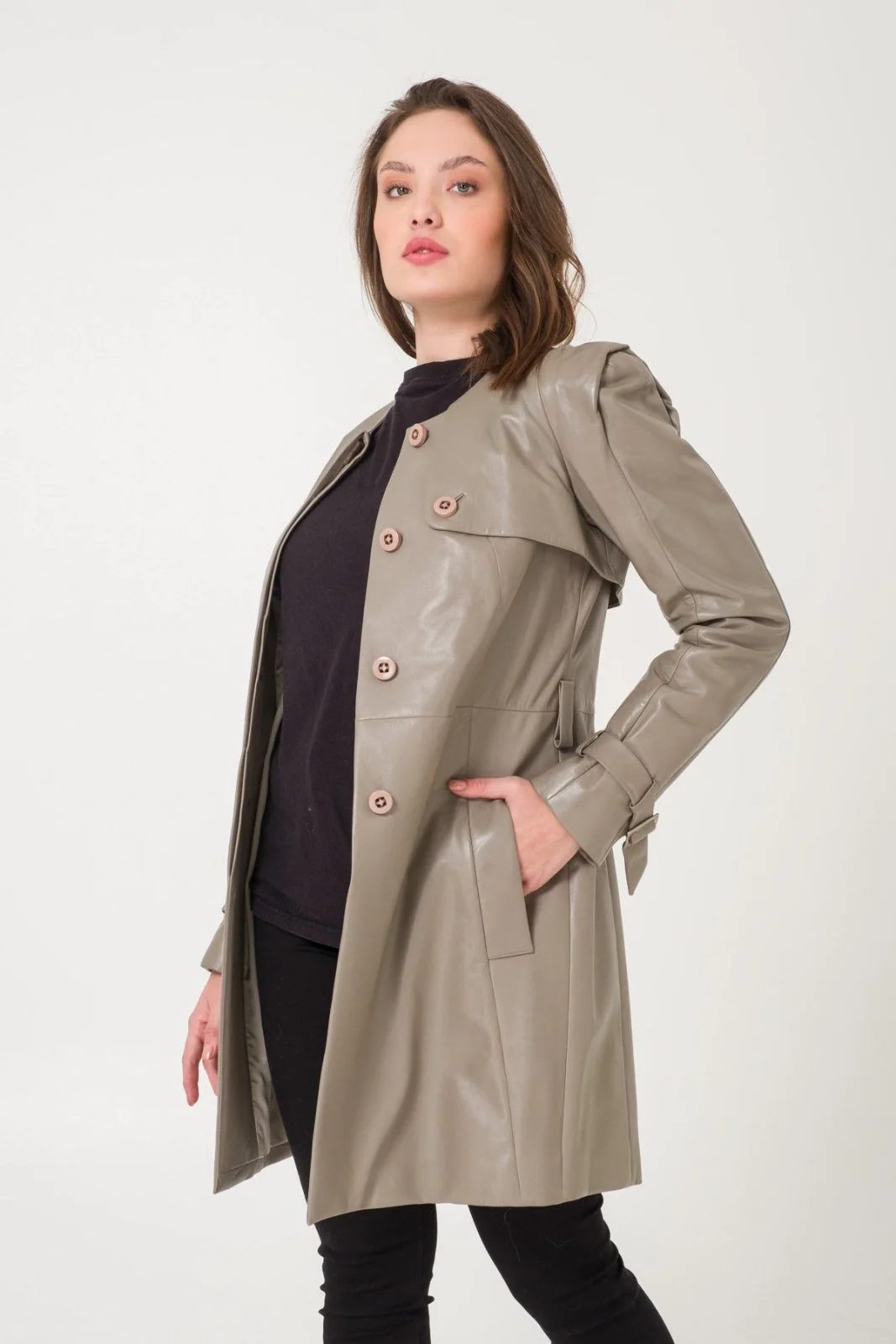 Grey Leather Trench Coat - Image 8