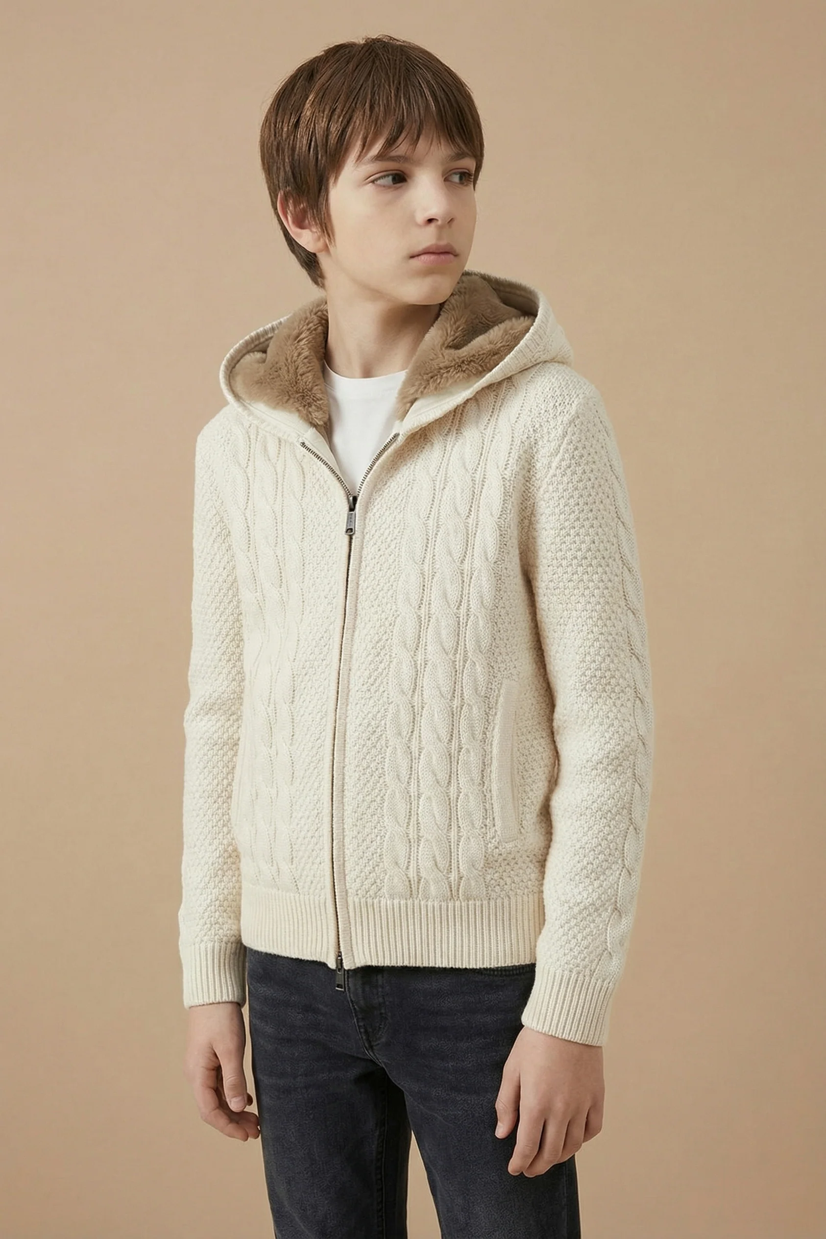 Ecru Cashmere & Wool Rex Lined Knit Hoodie - Image 3