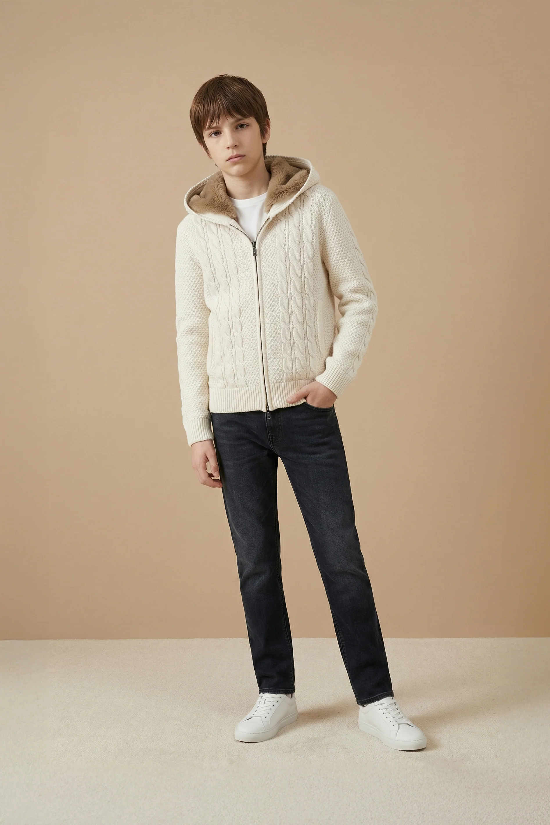 Ecru Cashmere & Wool Rex Lined Knit Hoodie - Image 5