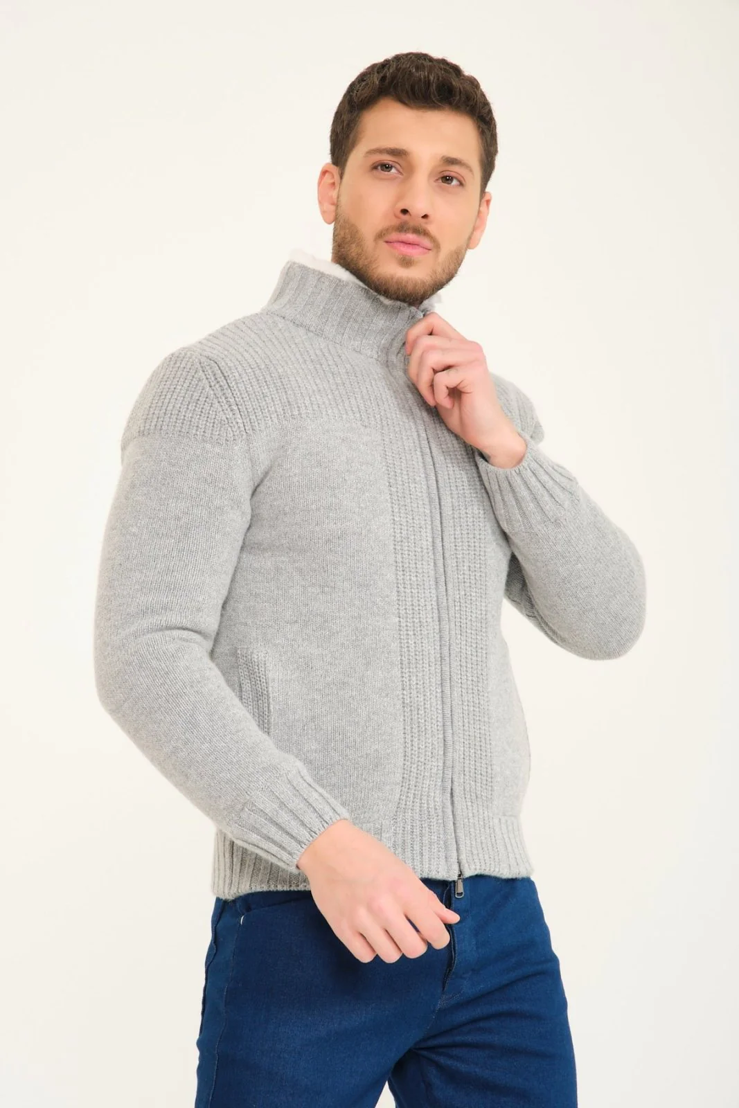 Light Grey Wool & Rex Fur Knit Cardigan - Image 5
