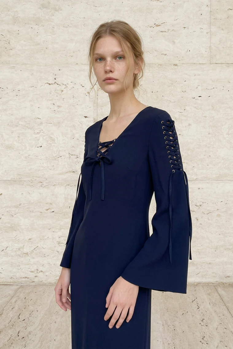 Midnight Navy Lace-Up Kaftan Dress - Image 4