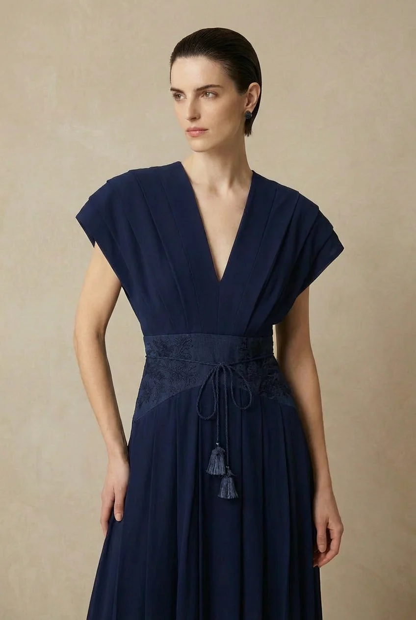 Midnight Navy Pleated V-Neck Dress - Image 3
