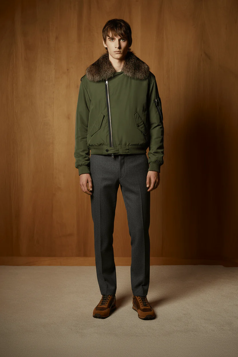 Military Green Technical Bomber with Fox Fur Collar