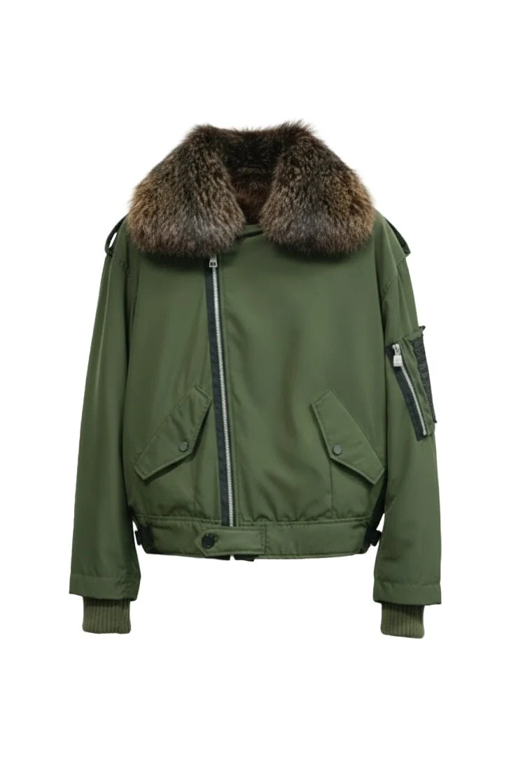 Military Green Technical Bomber with Fox Fur Collar - Image 2