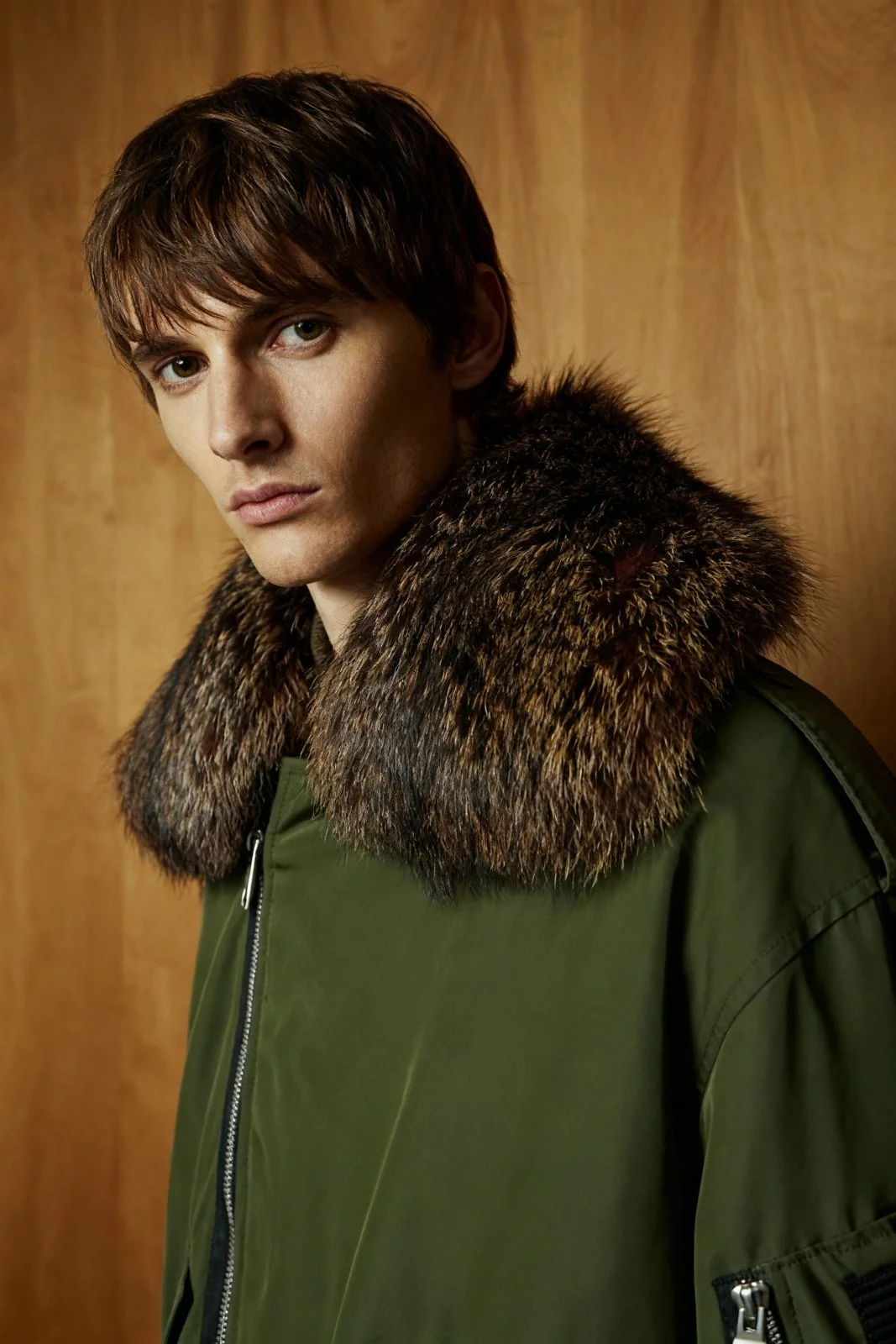 Military Green Technical Bomber with Fox Fur Collar - Image 3