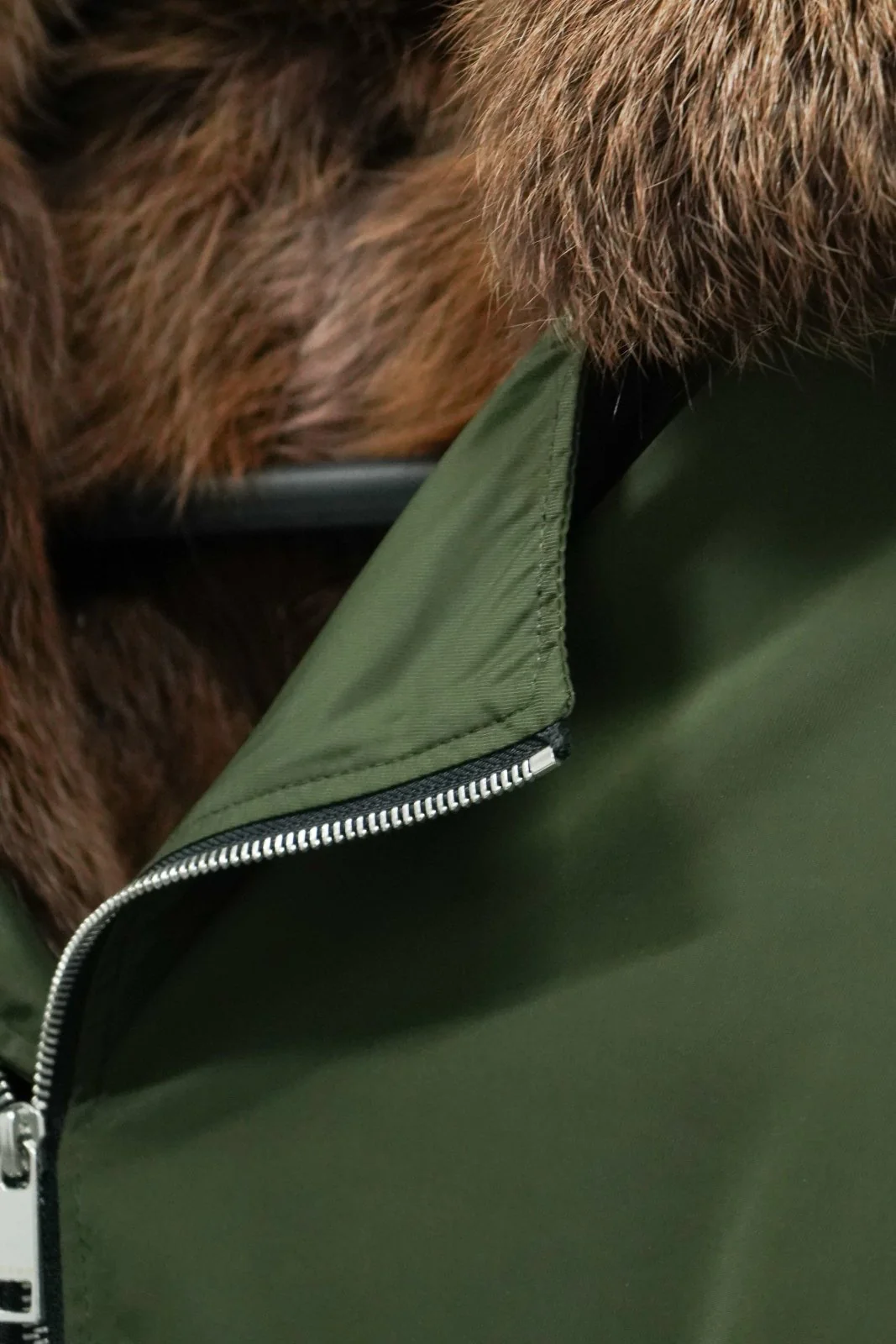 Military Green Technical Bomber with Fox Fur Collar - Image 5