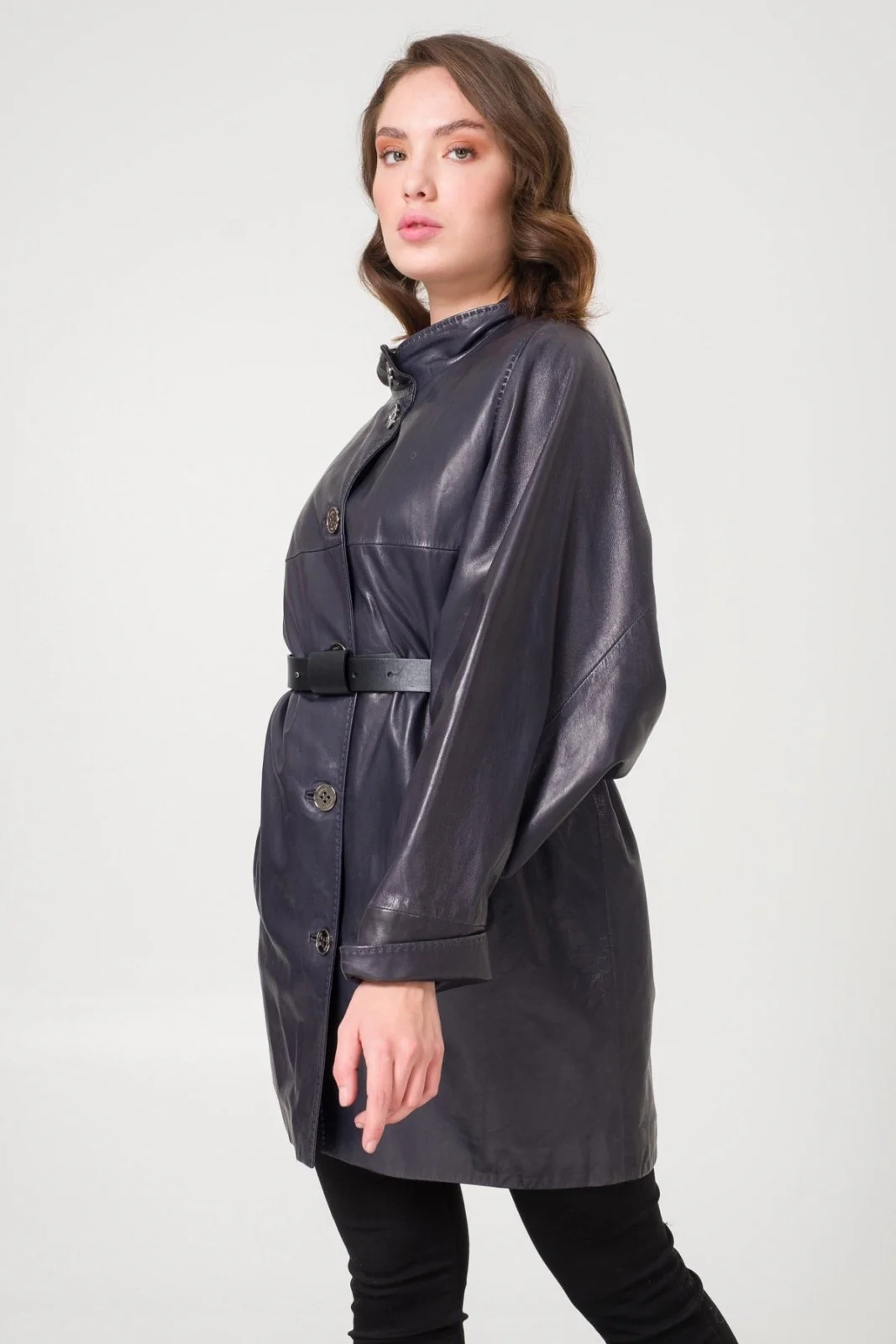 Navy Leather Coat - Image 2