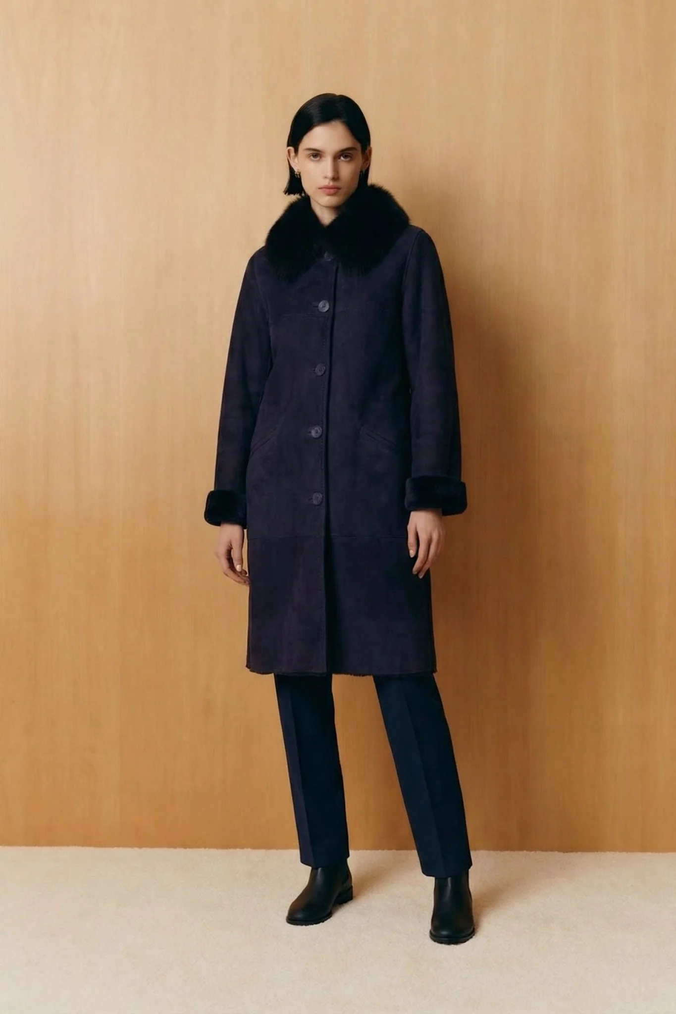 Navy Long Shearling Coat