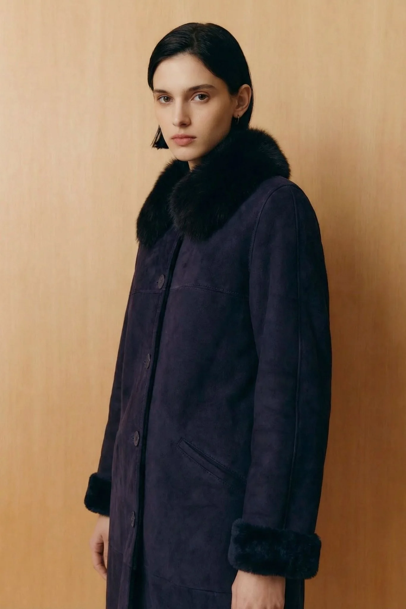 Navy Long Shearling Coat - Image 3