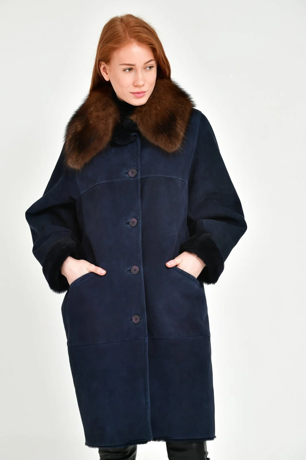 Navy Long Shearling Coat - Image 5