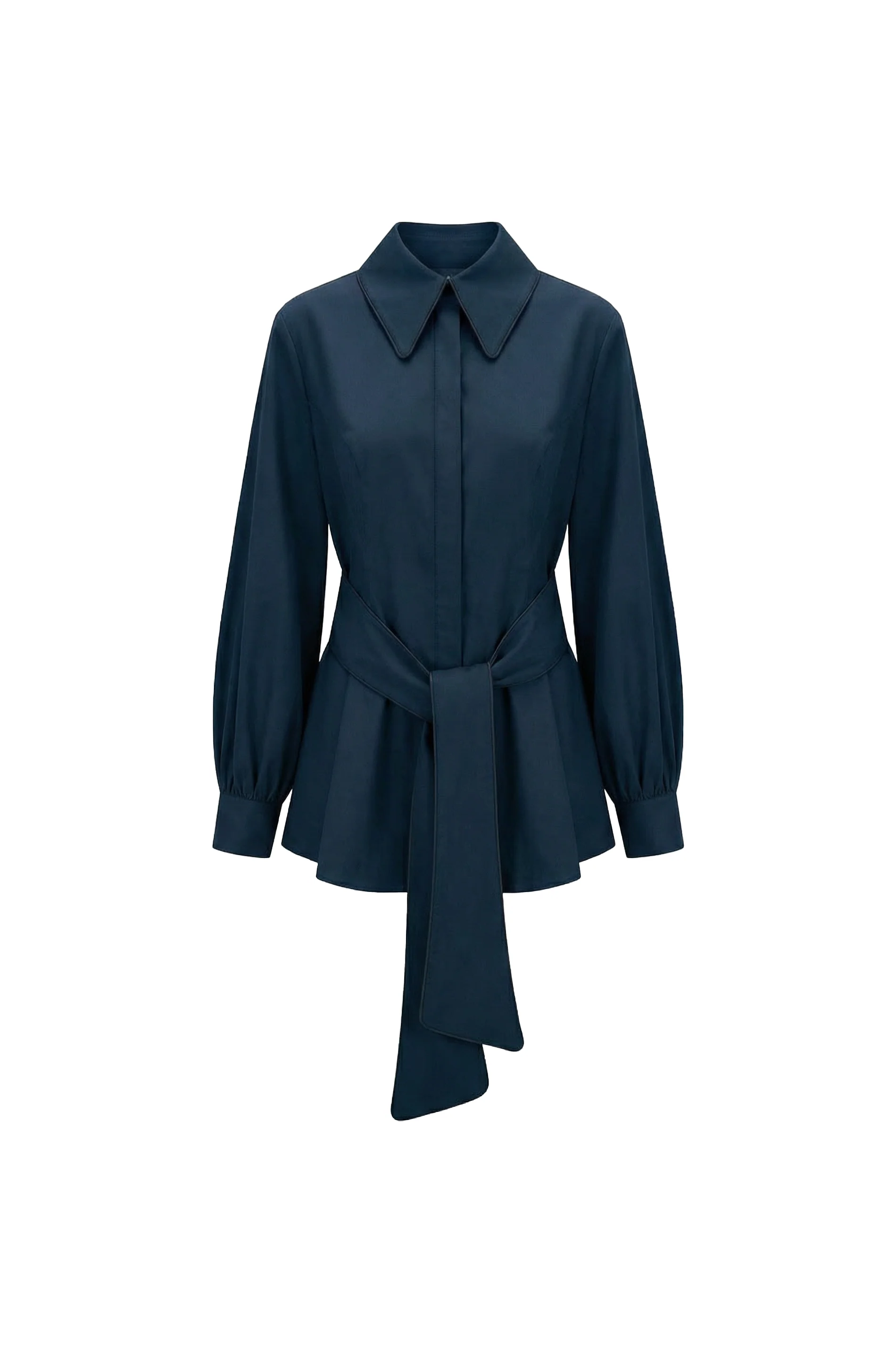Navy Tailored Belted Cotton Blouse