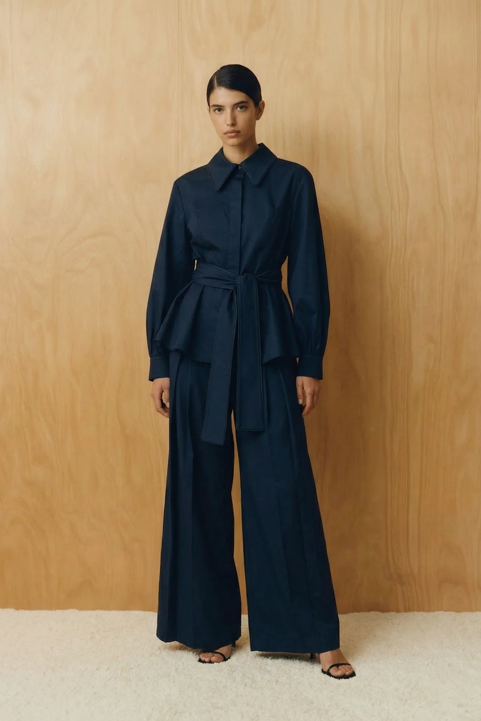 Navy Tailored Belted Cotton Blouse - Image 2
