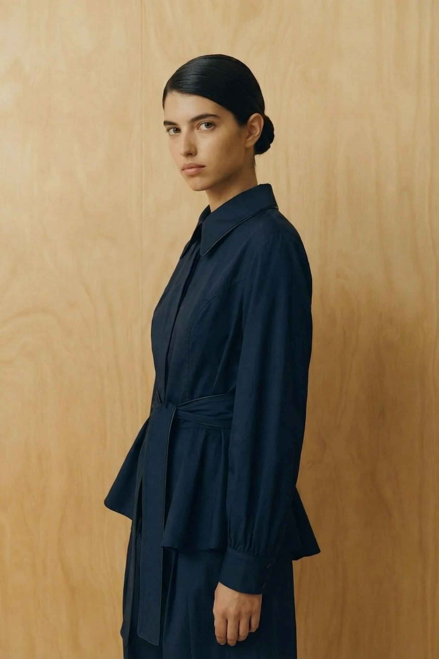 Navy Tailored Belted Cotton Blouse - Image 4