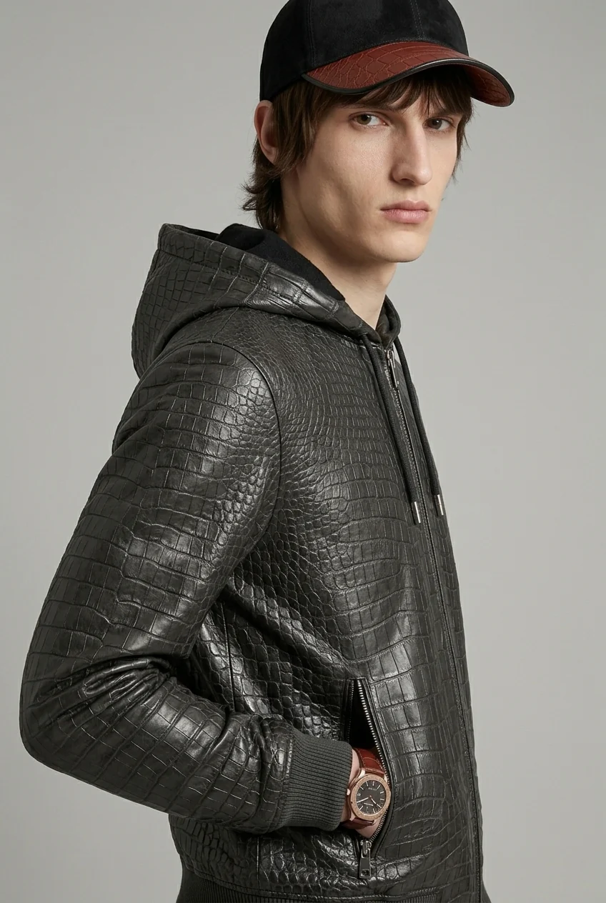 Noir Crocodile Leather Contrast Cap - Image 2