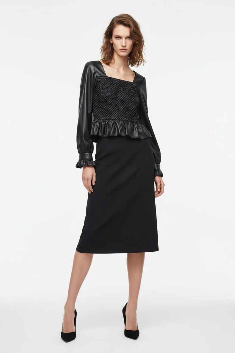Noir Smocked Leather Blouse - Image 2