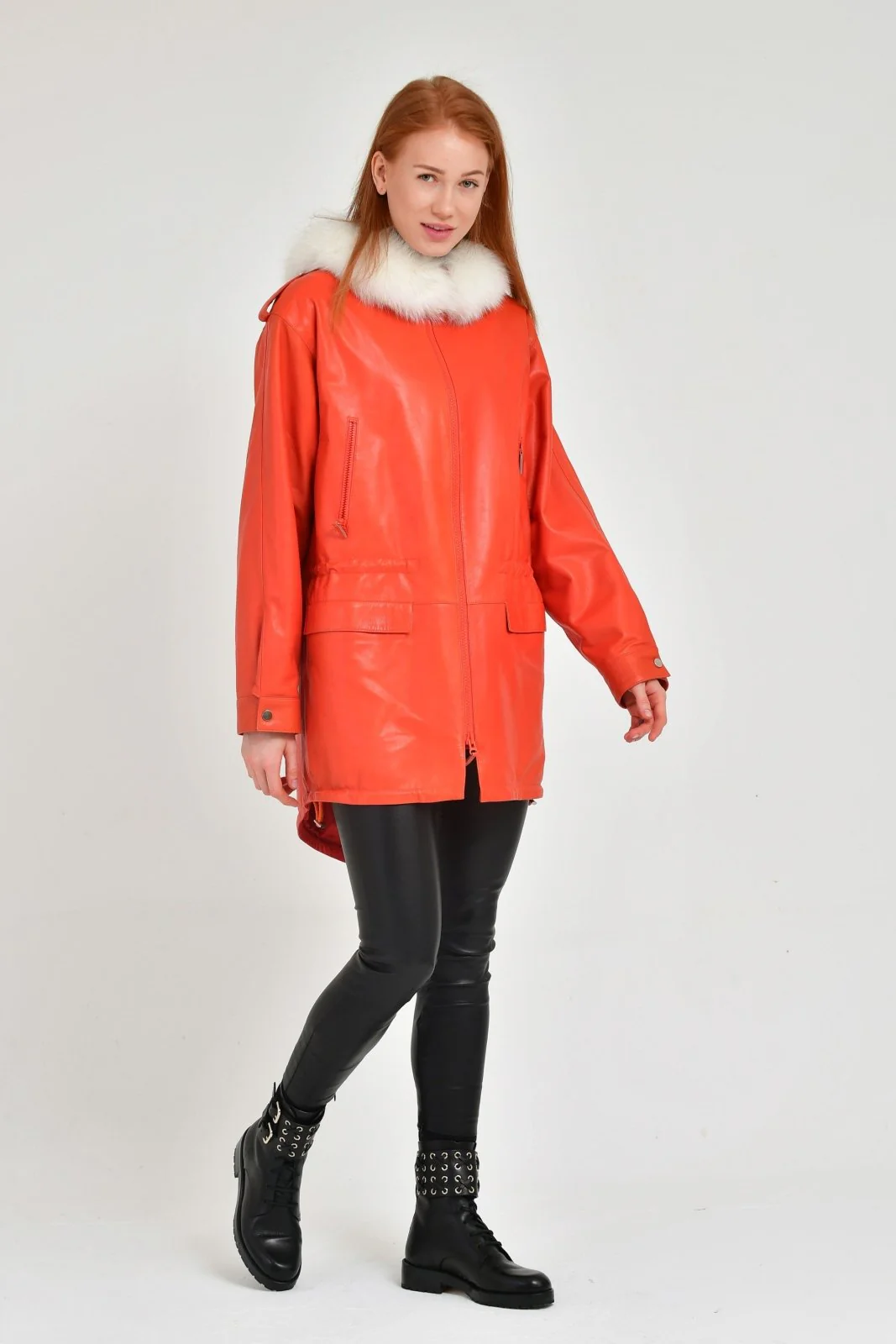 Orange Long Leather Coat - Image 3