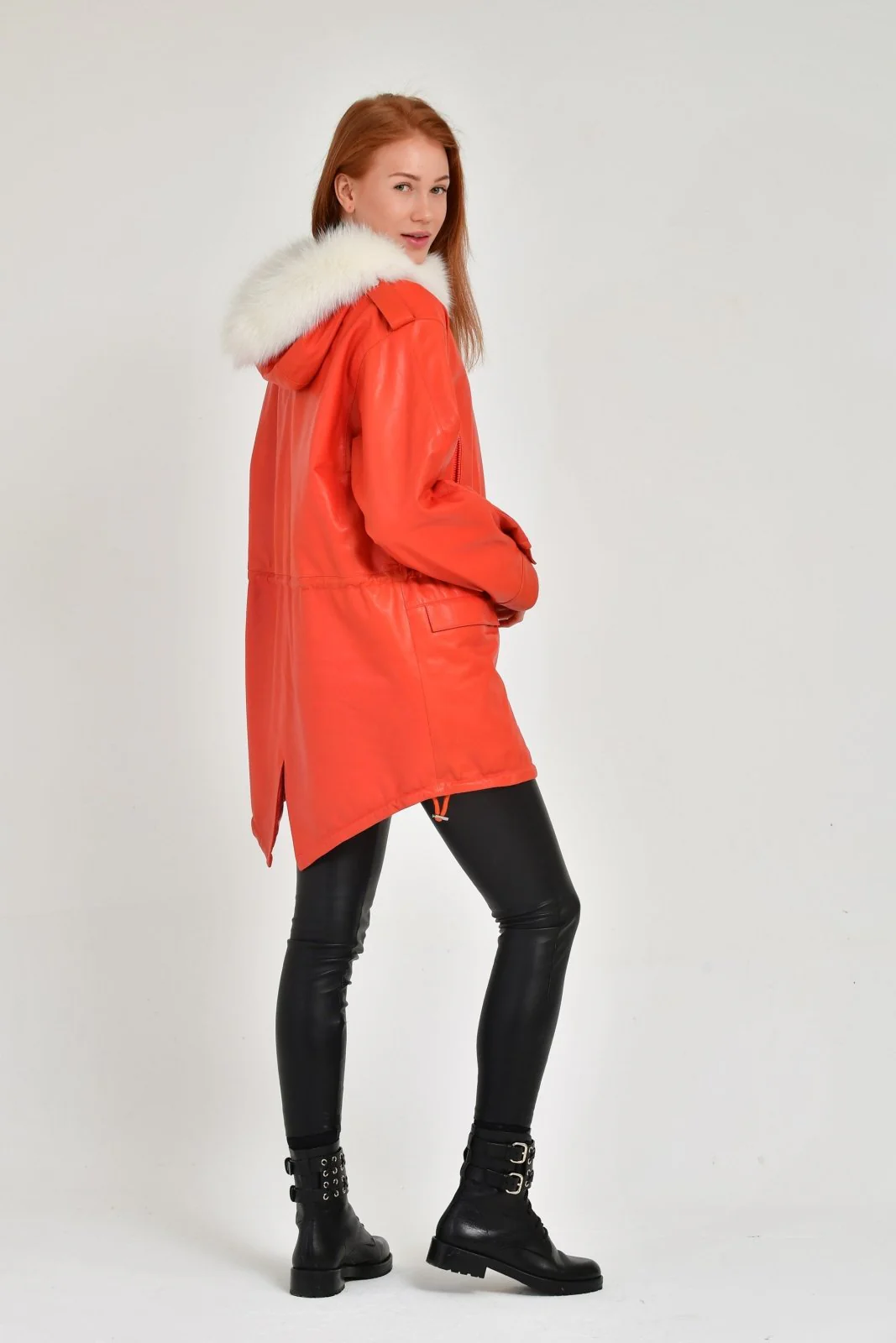 Orange Long Leather Coat - Image 4