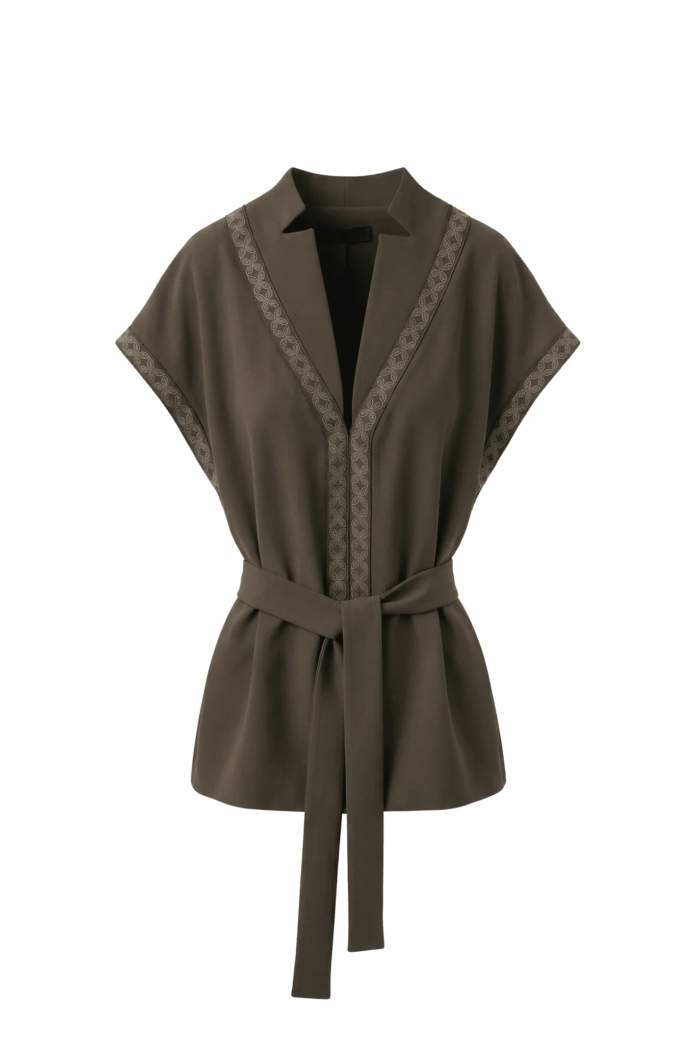 Dark Brown Embroidered Trim Kimono