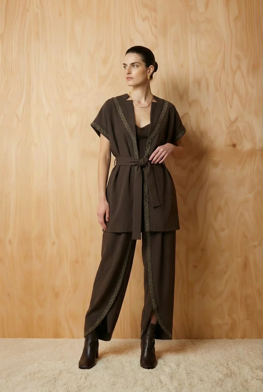 Dark Brown Embroidered Trim Kimono - Image 4