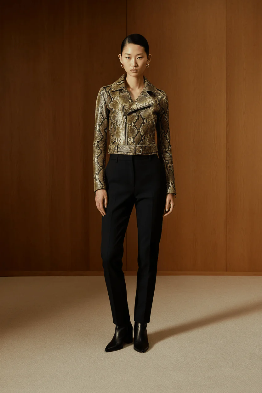 Verde Python Leather Biker Jacket - Image 3