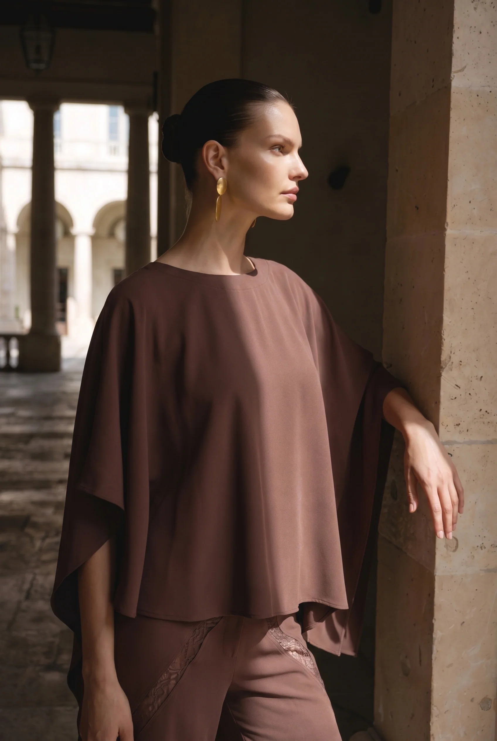 Seravelle Mocha Draped Cape Blouse - Image 4