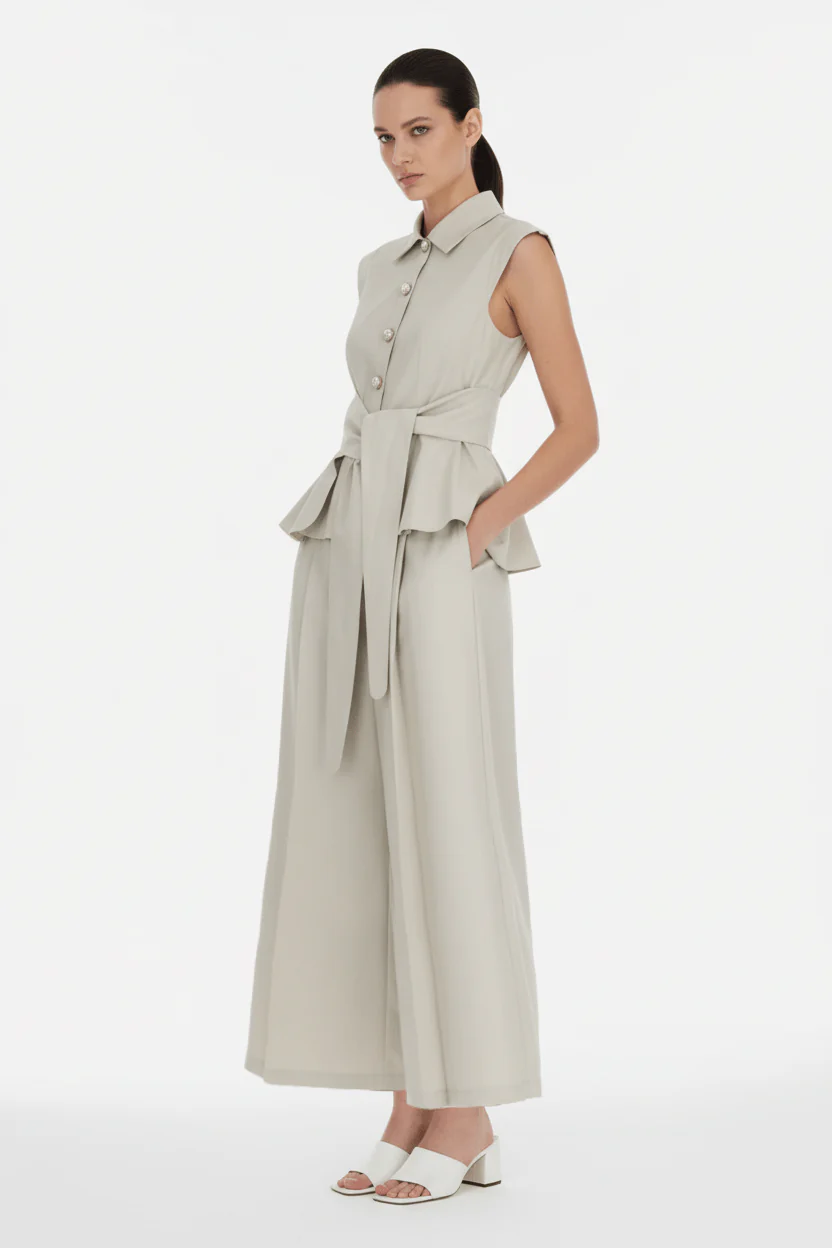 Soft Sand -Sculpted Peplum Cotton-Silk Blouse - Image 2