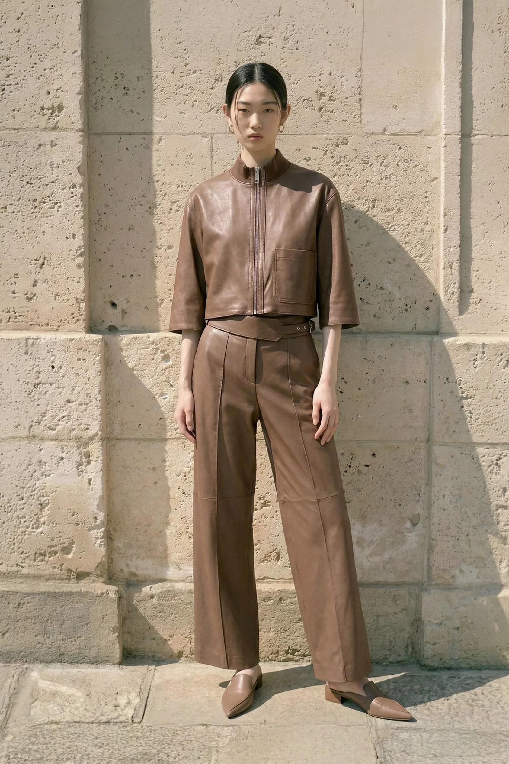 Camel Nappa Lamb Leather Cropped Jacket - Image 3
