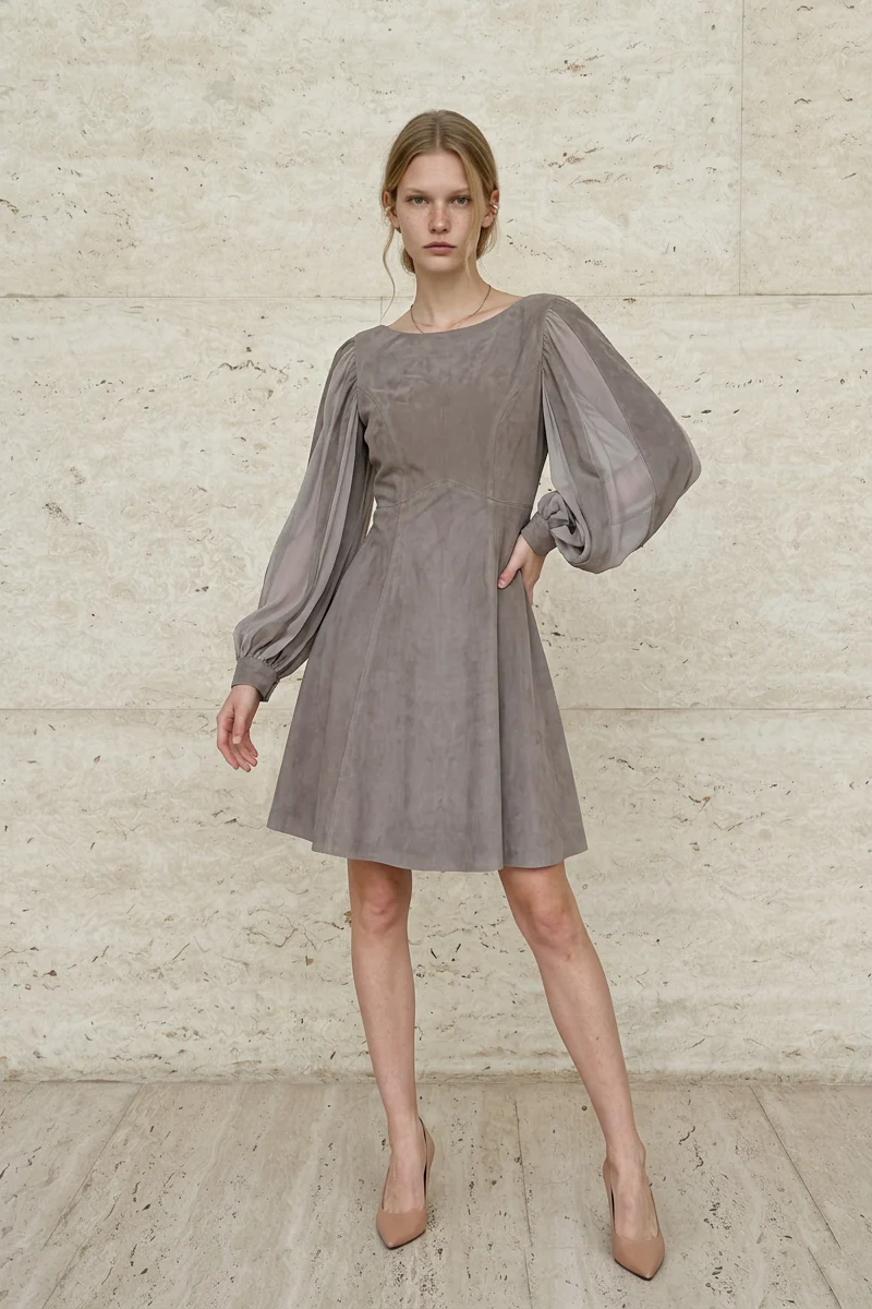Taupe Suede & Chiffon Panel - Image 2