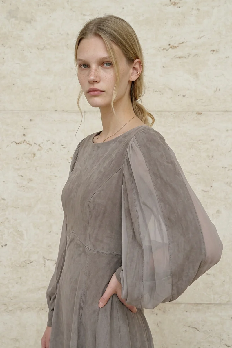 Taupe Suede & Chiffon Panel - Image 4