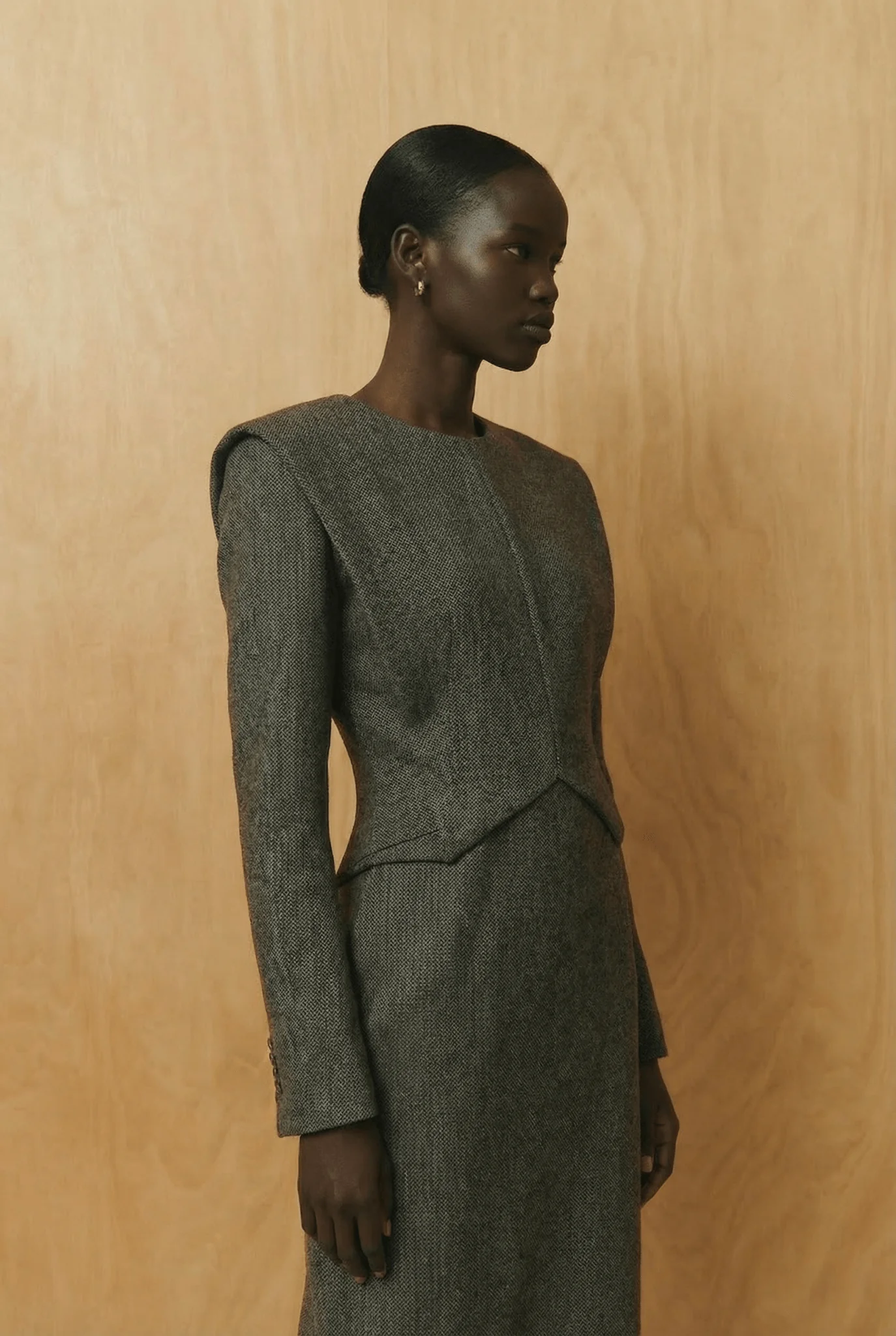 The Olive Herringbone Architectural Wool Dress - Image 3