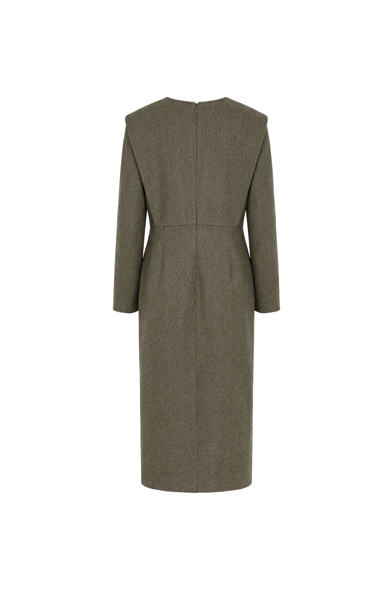 The Olive Herringbone Architectural Wool Dress - Image 4